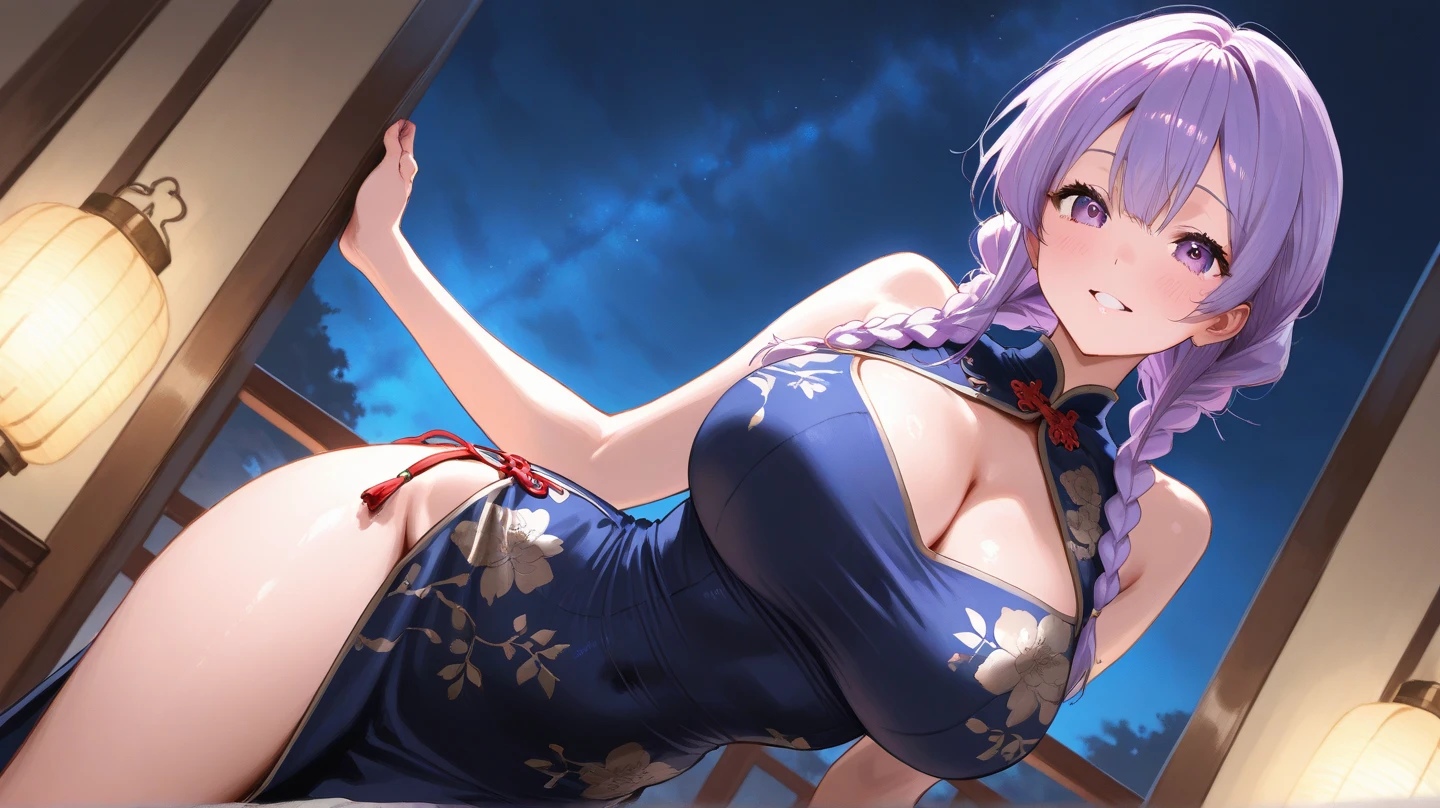 (((masterpiece, best quality))), (((superior quality))), cute girl, ((extremely detailed girl)), ((huge breasts)), yukata, bare shoulders, strapless top, long silver hair, happy