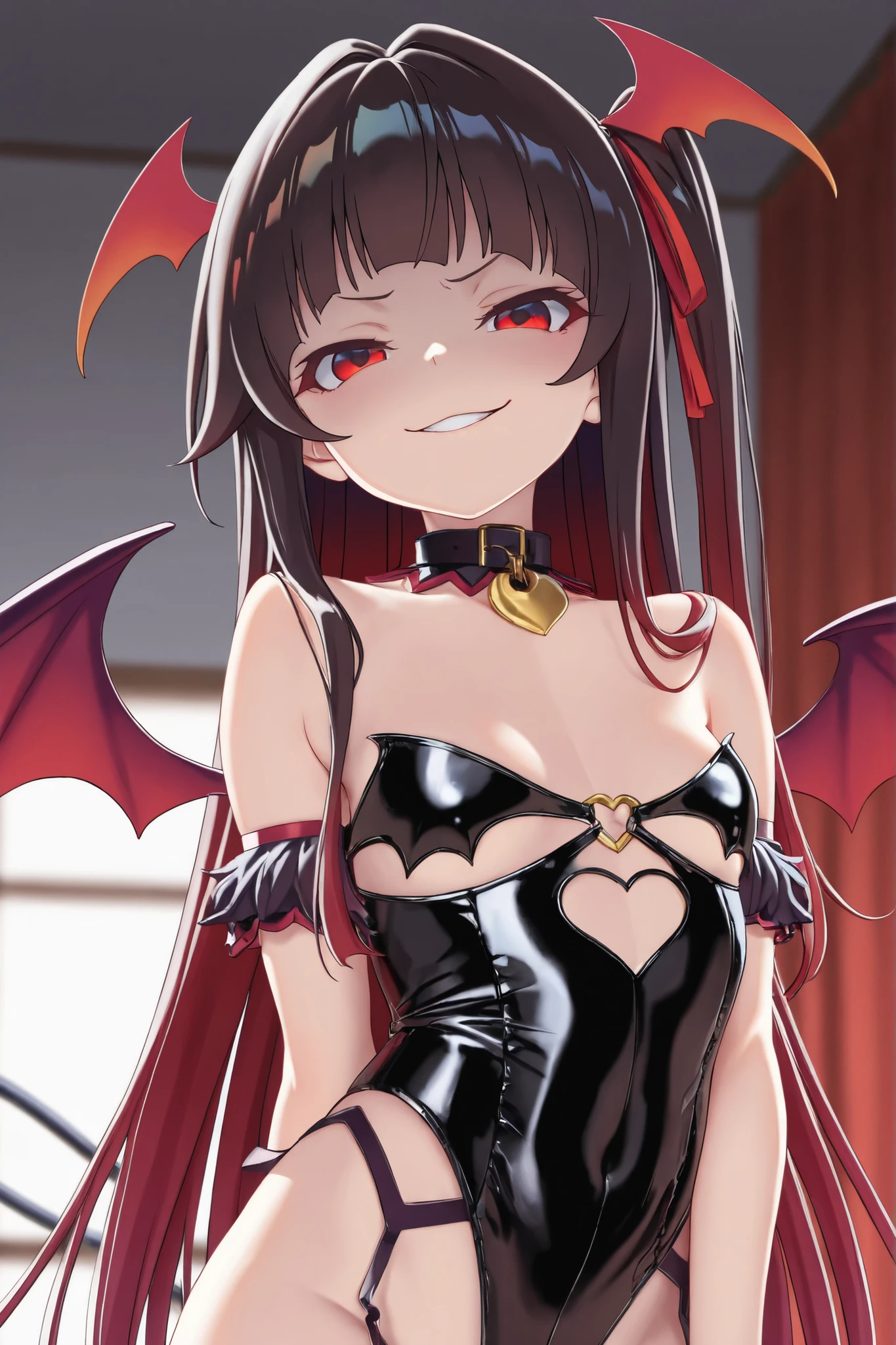 tachi-e, game cg, Highly detailed and realistic CG, Colorful, Masterpiece, Best Quality, jewel-like eyes, 1girl, solo, black hair, shiny hair, long straight hair, very long twintails, slender, skinny legs, succubus girl,succubus luxury dress, mini skirt, succubus boots, aqua blue eyes, flat chest, black elbow gloves, latex, smirk, smile, jitome, half-closed eyes, tsurime, simple background, from pov, best quality eyes, sharp teeth, tsundere, standing, contrapposto, hand on hip, (shiny skin:1.0), succubus wings, succubus tail, mesugaki, teasing, smug, cute girl, , open mouth, fangs, tongue out, pointy ears, pink heart tattoo, (Sharp Focus:1.2), Thin arms, Thin legs, outline, Evil Female Executive Succubus,