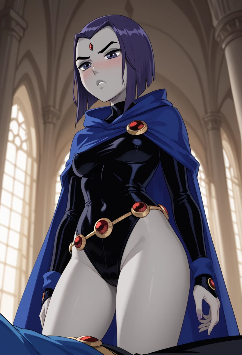 ((best quality)), ((highly detailed)), masterpiece, absurdres, (detailed eyes, deep eyes), (1girl), full body, <lora:hairdetailer:1>, <lora:RavenTT:.7>, RavenTT, short hair, purple eyes, forehead jewel, (grey skin:1.4), (blue cloak), long cloak, black leotard, long sleeves, belt, bare legs, shoes, (at a mansion, midday)