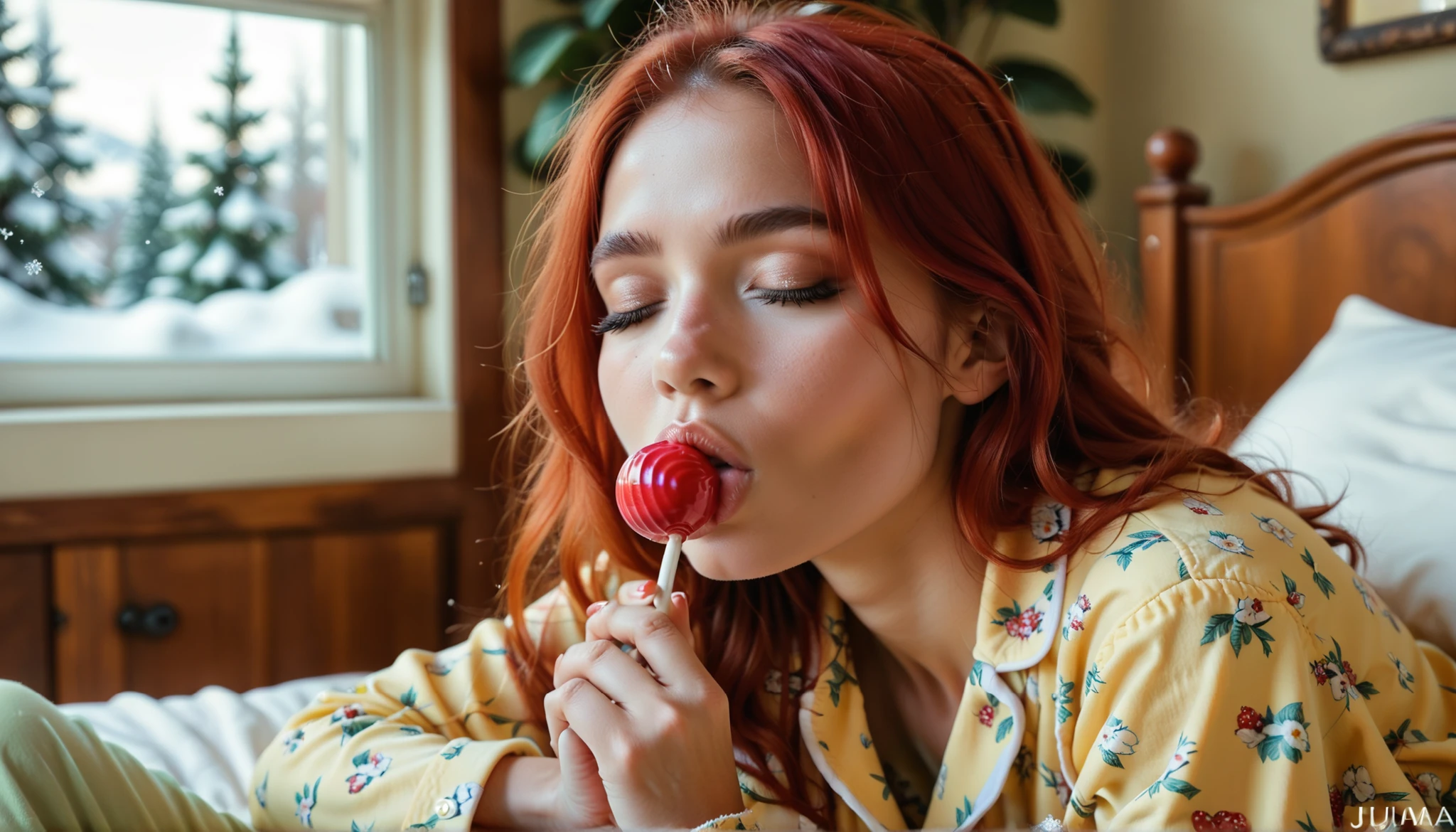 (((Super Close on a woman's face, totally facing the observer))), she is a beautiful red-haired WOMAN who is sucking a red lollipop ball, Very close to the observer, An 18-year-old young woman, she is dressed in her (((pijama sexy))), (((pajama shirt and short pajama pants in yellow))), the surrounding background is a sleeping room with a large window with a snowy landscape , the room is all white and blurry