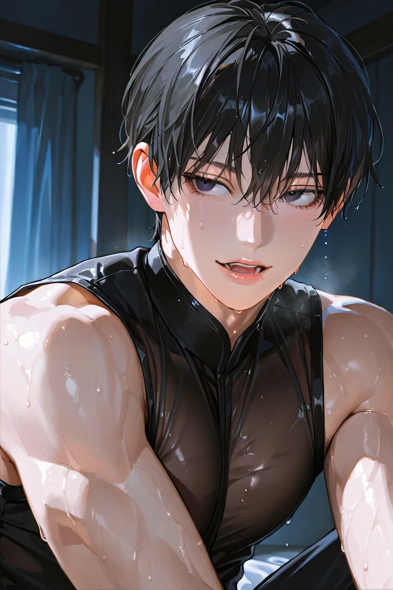 ultra-detailed, masterpiece, best quality, highres, extremely detailed, nsfw, (solo shoot:1.5), (1boy:1.5), man, (lean guy:1.5), short hair, work clothes, open shirt, bottomless, torn clothes, drunk, (restrained:1.5), shackles, handcuffs, gagged, bondage, (excessive cum on body:1.5), strobe lighting, spotlight, 