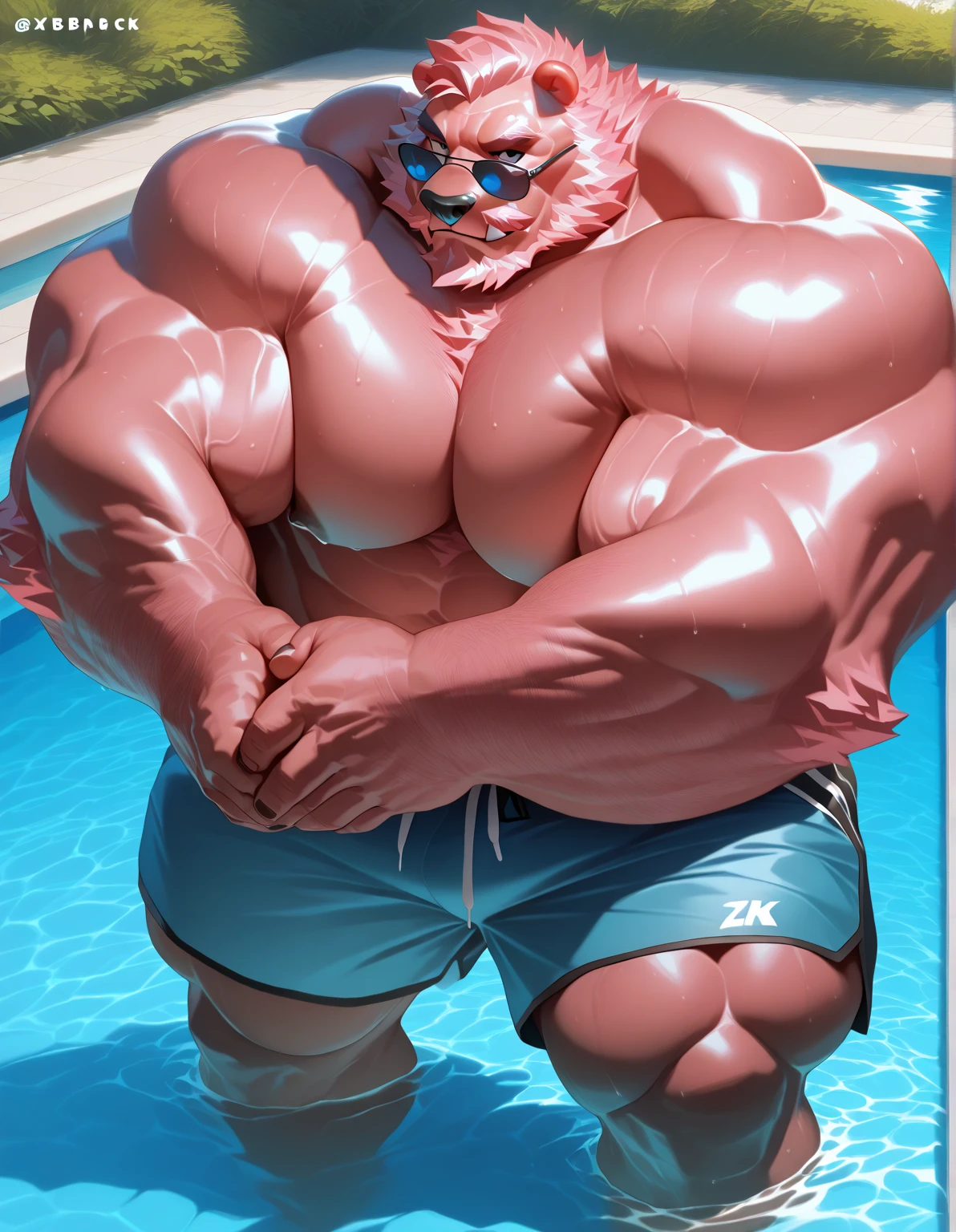 (full body shot), (realistic style), (furry), (humanoid), male axolotl, white axolotl body, pink gills, inflatable rubber body, perfect muscular body, and biggest muscles, biggest pecs, and biggest thighs, white plastic inflation valve on the belly button, wearing pink boxer briefs, no shirt, realistic water park background
