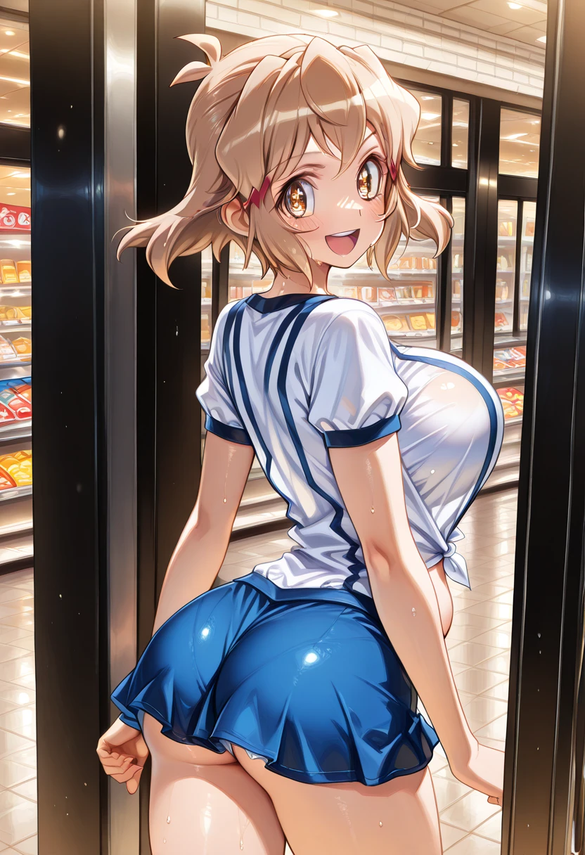 1girl, nsfw, houjousatoko, short hair, blonde hair, purple eyes ,hairband, empty eyes, large breasts, nipple, sea, convenience store, frozen, (Sweating profusely, Love juice, Wet Woman, female ejaculation), crying, Naked, (1girl) Peeing, lactation, projectile lactation