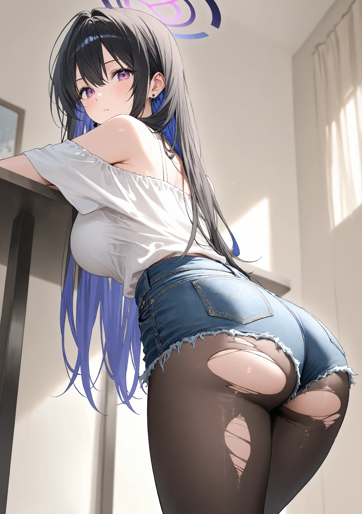 Masterpiece, highres, high Quality, detailed face, detailed body render, 1girl, solo, hyuuga hinata, hinata-sleeveless-outfit, large breasts, big breast, sleeveless shirt, fishnet top, dark lips, unzipped jacket, no bra, breasts out, nipple, standing, blushes, (on bedroom)