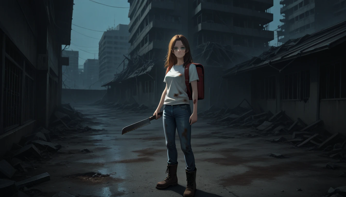 Ultra-realistic image of a bloodied woman, standing in the middle of a deserted, nocturnal road in the middle of nowhere