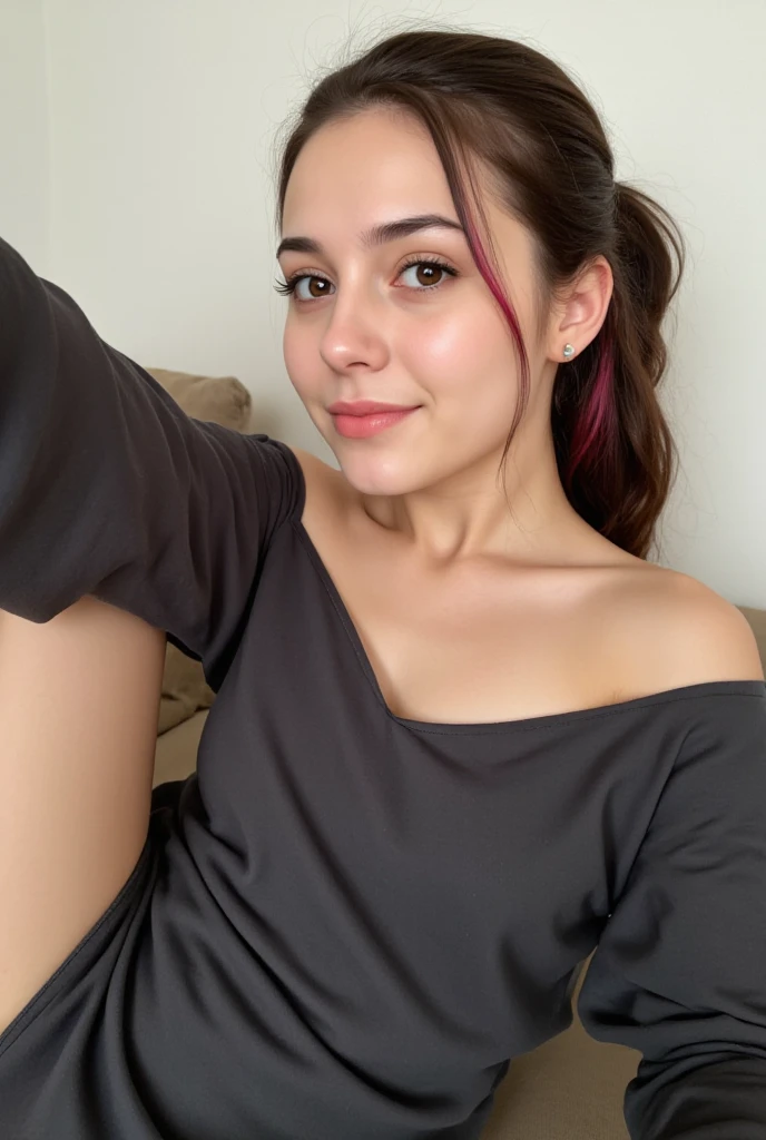 Tanned croatian gamer girl, crop top, tight pants, joystick in hands, makeup, beatuiful, small nose, cute, green eyes, long hair, instagram model, dildo in her hand, voloptous body, big bouncy breasts, big jiggly ass, moaning