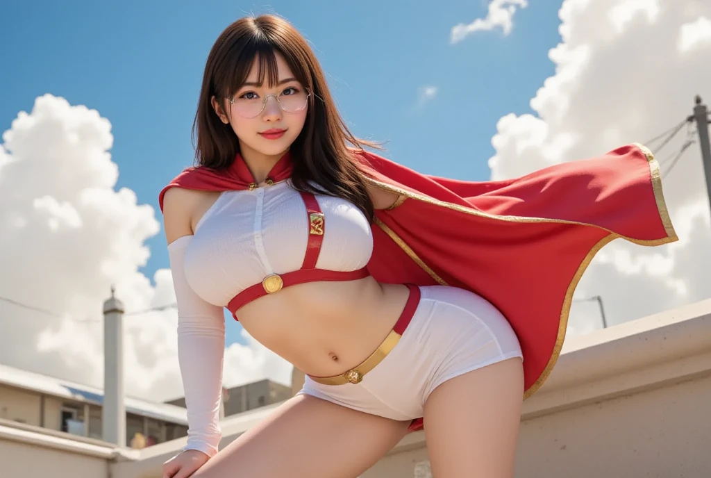 (masterpiece, best quality, cinematic, photorealistic, ultra-detailed), (1girl, Japanese knight), (wide shot, from the side:1.4), (wearing golden armor with an accent of red, wearing red gloves and boots, wearing a long red cape:1.5), (wearing red top and bottom bikini:1.4), (long and messy dark hair, with bangs:1.2), perfect hands, perfect face, (large cleavage, bursting breasts), (seductive pose:1.2), (green eyes, soft and shimmery eyeshadows, detailed pupils, defined eyelashes), (blushing, slightly parted lips, cherry lips:1.2), (standing sensually on a mountain cliff:1.4), (crossed-legs:1.3), (big tits:1.3), (wide hips:1.5), (from front:1.5), (bbw:1.3)