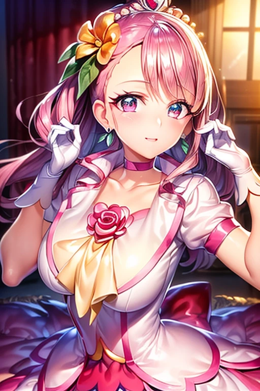 Big Breasts、I can see your 、Upper body naked、 out、No underwear、No pants on、I can see your pussy、(((Pussy juice))) masterpiece, Highest quality, View your viewers, Depth of written boundary, Are standing, whole body, One girl, Cure Grace, tiara, White gloves, Ascot, brooch, Best, choker,Pink hair smile, ((Gradient Background)), Lens flare