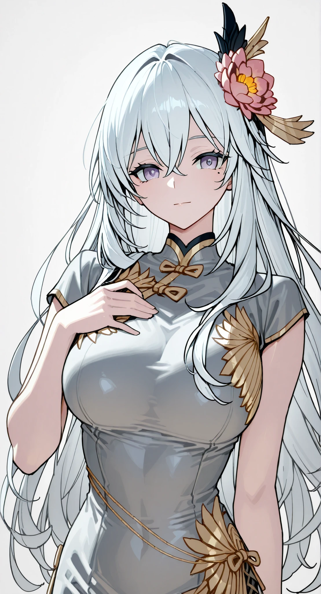 anime girl Picture of a woman with long white hair and a flower in her hair, gray hairの deity, Anime Goddess, gray hairの, gray hairの lady, gray hair, zodiac knight portrait girl, Haise Jinyao, Genshin、Keking, White fox, Full Body Senxia , Female Anime Characters Who Collect Their Boob With Both Hers, Picture of a woman with long white hair, perfect gray hairの girl,Beautiful Breasts,thin waist,sleeveless,mole under eye