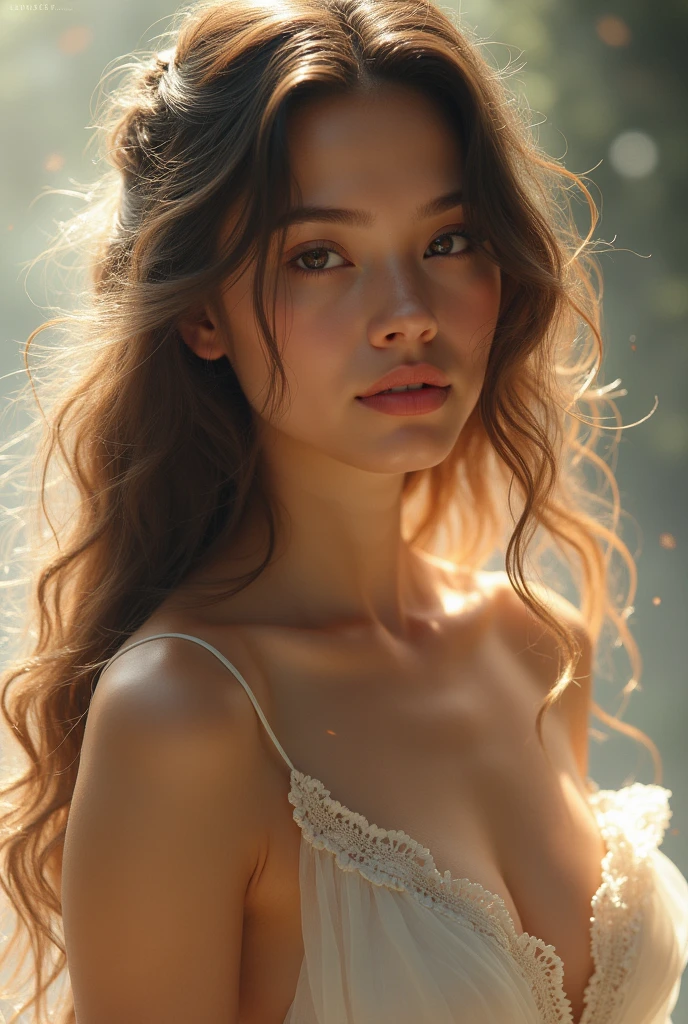 Young beautiful girl dancing，Delicate lace-trimmed bra，Long flowing hair，exquisite facial features，Seductive red lips，exquisite collarbone，Slender legs，perfect bodies，Beautiful dancing，Pure lust，ellegance，stage lighting，Dry ice smoke effect，Beautiful looking landscape background，8K，detail-rich，Works of masters
