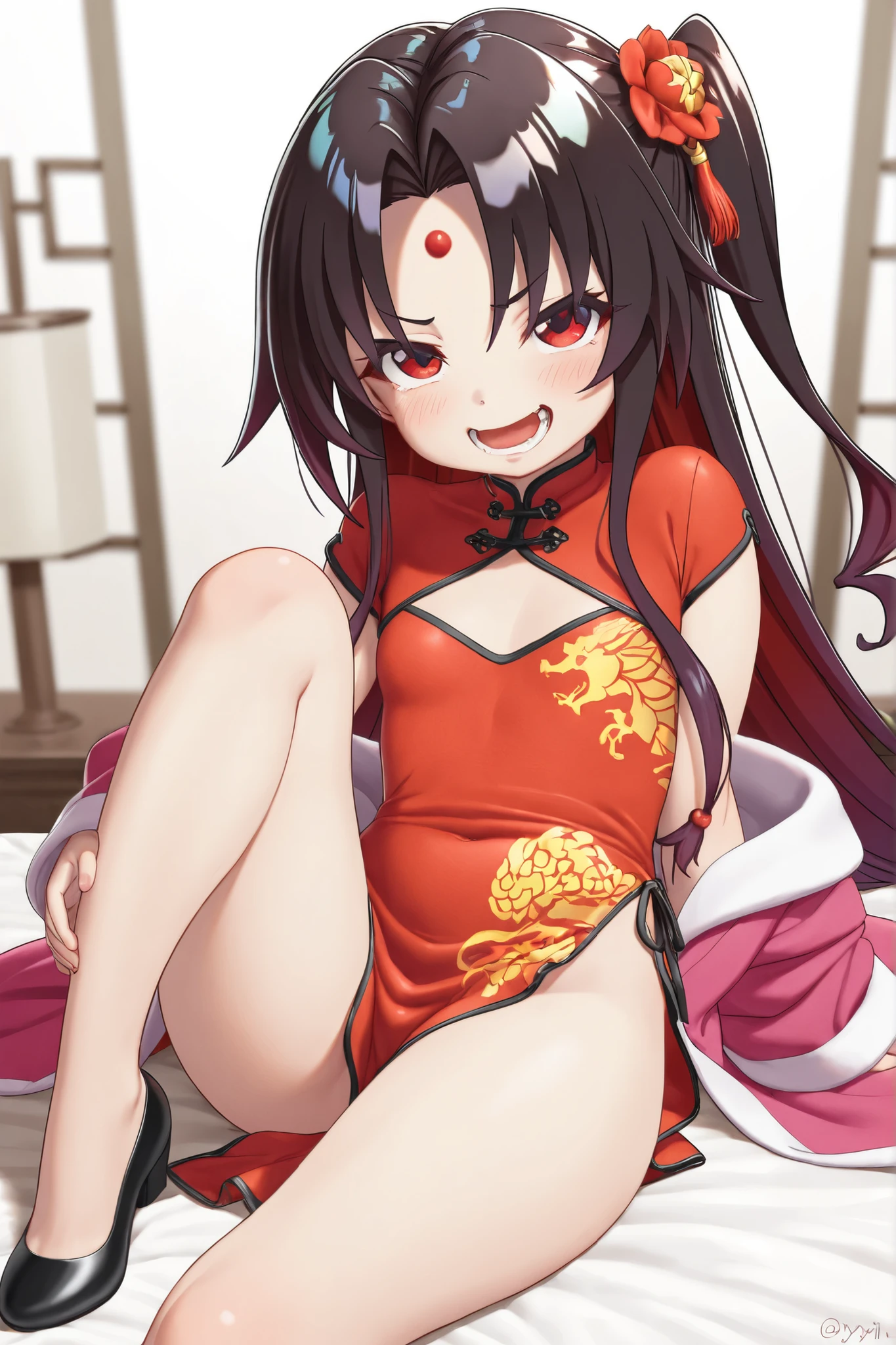 Beautiful 15 year old Chinese Kung Fu girl princess with short black hair Gorgeous embroidery, Ultra glossy, She is wearing shiny red long sleeve floral pajamas.... She is made to lie down on a red enamel futon, with the futon over her upper body, her pussy spread and her vagina examined.