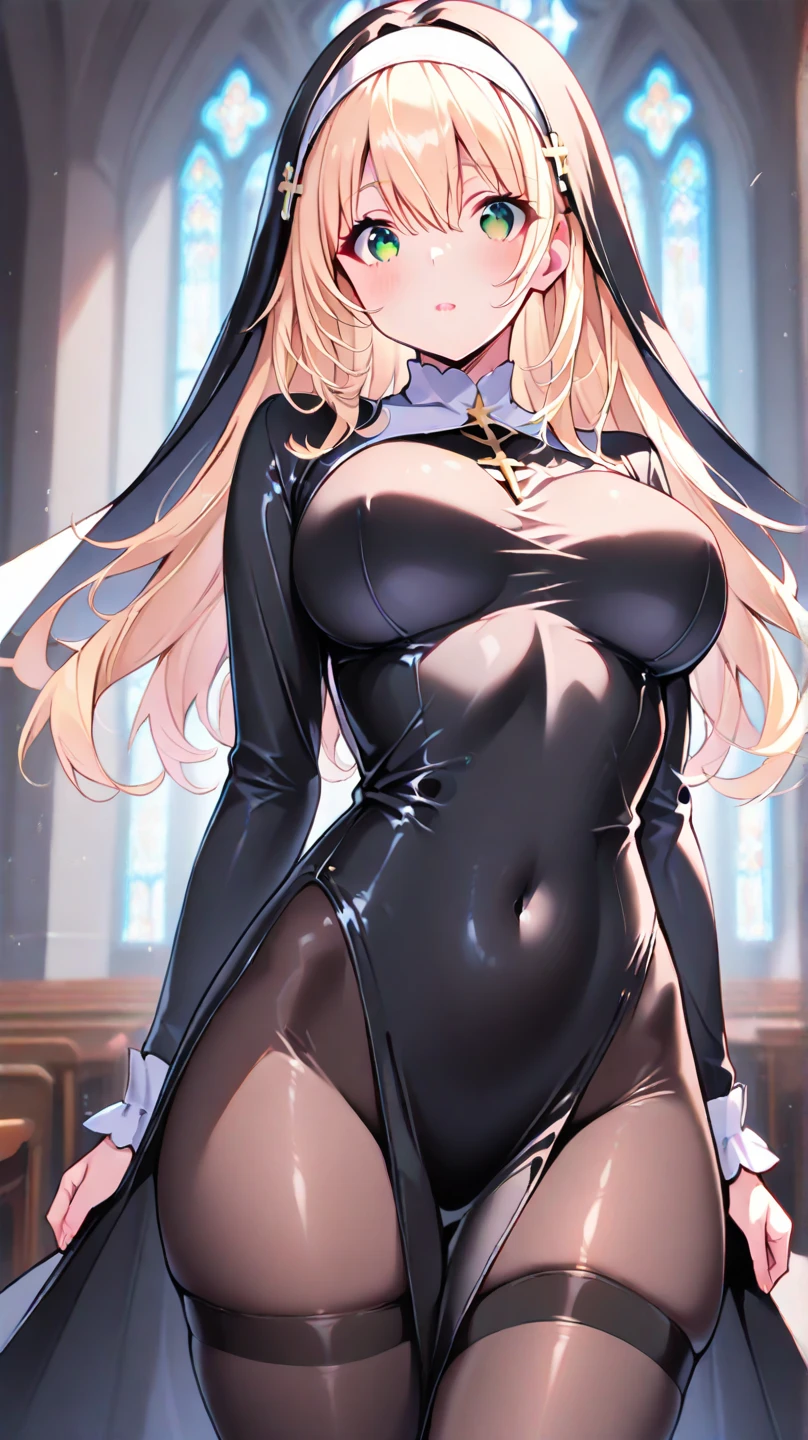 ((masterpiece、best quality、Very detailed)、((A girl))、((blond、Very long hair))、Pink Eyes、Smile,((Dark Skin))、((dancer))、((There are many piercings))、((Large Breasts))、Cowboy shooting、Shooting from above,((best quality)), ((masterpiece)), (detailed), (character focus、Breast Focus,whole body), Anime 2D Rendering, Realistic young anime women, Five fingers, Perfect face, Beautiful details, Beautiful Body, Beautiful breasts, Beautiful thighs, (Huge breasts)、Beautiful Feet, (Skin burns), baby face、 Short skirt,Wedding dress、A girl、nun、She turned her face and body toward the audience,Beautiful face and charming shyness,eternal,Hair covering eyes,(Large Breasts),Shy,Exceed,Thick Legs,Fascinating three-dimensional,Fascinating three-dimensional,Fascinating three-dimensional,Magical girl,Bright Black,((前发Hair covering eyes)),night