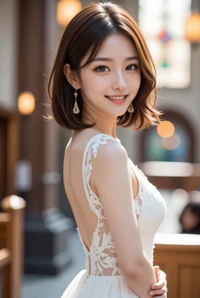 8k, Ultra-high resolution, 最high quality, masterpiece, Surreal, photograph, 1 girl, (16 years old:1.3), pretty girl, Cute Face, Beautiful eyes in every detail, 細かくdetailedに,masterpiece,Japan Female Announcer,One beautiful girl, 非常に美しいdetailedな顔, (Open your mouth a little, Sexy Looks:1.1), (Beautiful small breasts:1.3), (Slender body:1.2), (Lace wedding dress with chest wide open shoulders:1.5), mini skirt,(Exposed breasts:1.5), pubic hair, キャメルトゥのdetailed, (Beautiful Face:1.2), accessories, Earrings, Conceptual Art, high quality, Realistic, 非常にdetailedな CG 統合 8k 壁紙, 非常にdetailedな, 高解像度の生のカラーphotograph, プロのphotograph撮影, Realistic portrait, Cinematic Light, Beautiful details, Attention to detail, (((Bokeh))), Depth of written boundary, illumination, Super stylish lighting,Bob Cut Hair, Dynamic pose、 Sexy pose、See through 、Looking at the audience、beauty,Long neck、Laugh a little、Please close your mouth and laugh、(((Ideal body type))),A-cup small breasts :2,、Portraiture:2、Perfect Anatomy、鮮明なdetailed、detailed、Surreal、Light and shadow,Strong light,Fashion magazine cover,Thin lips