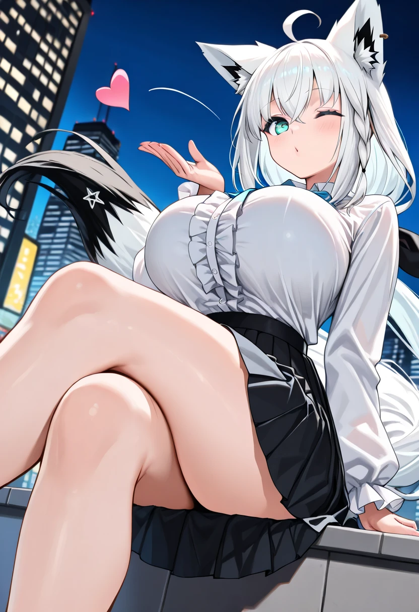 huge，age girl，short skirt，teasing，A giant girl taller than a building，穿White过膝袜的，city-destroying，miniature city，low angle of view，shrouded in the villain，White，arrogant，squatting,Lifted up the skirt，arrogant