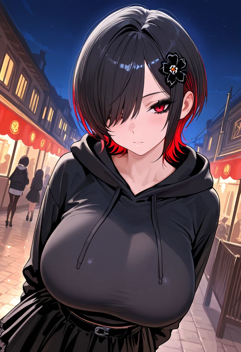 1girl, mature female, vampire, (pale skin:0.8), red eyes, black hair, (wavy hair:0.1), messy hair, short hair, hair between eyes, wolfcut, pixie cut, makeup, punk, emo, breasts, black zipped hoodie, black nipples pasties, black shorts, pantyhose, makeup, black lips, alleyway, night, multiple boys