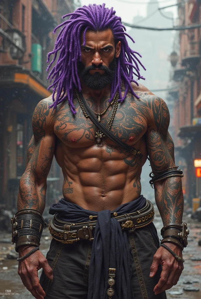 Um traper com dred roxo, shirtless with tattoos, it's stylish, at 22 years old without a beard, nos Estados Unidos, do it in the van gogh style