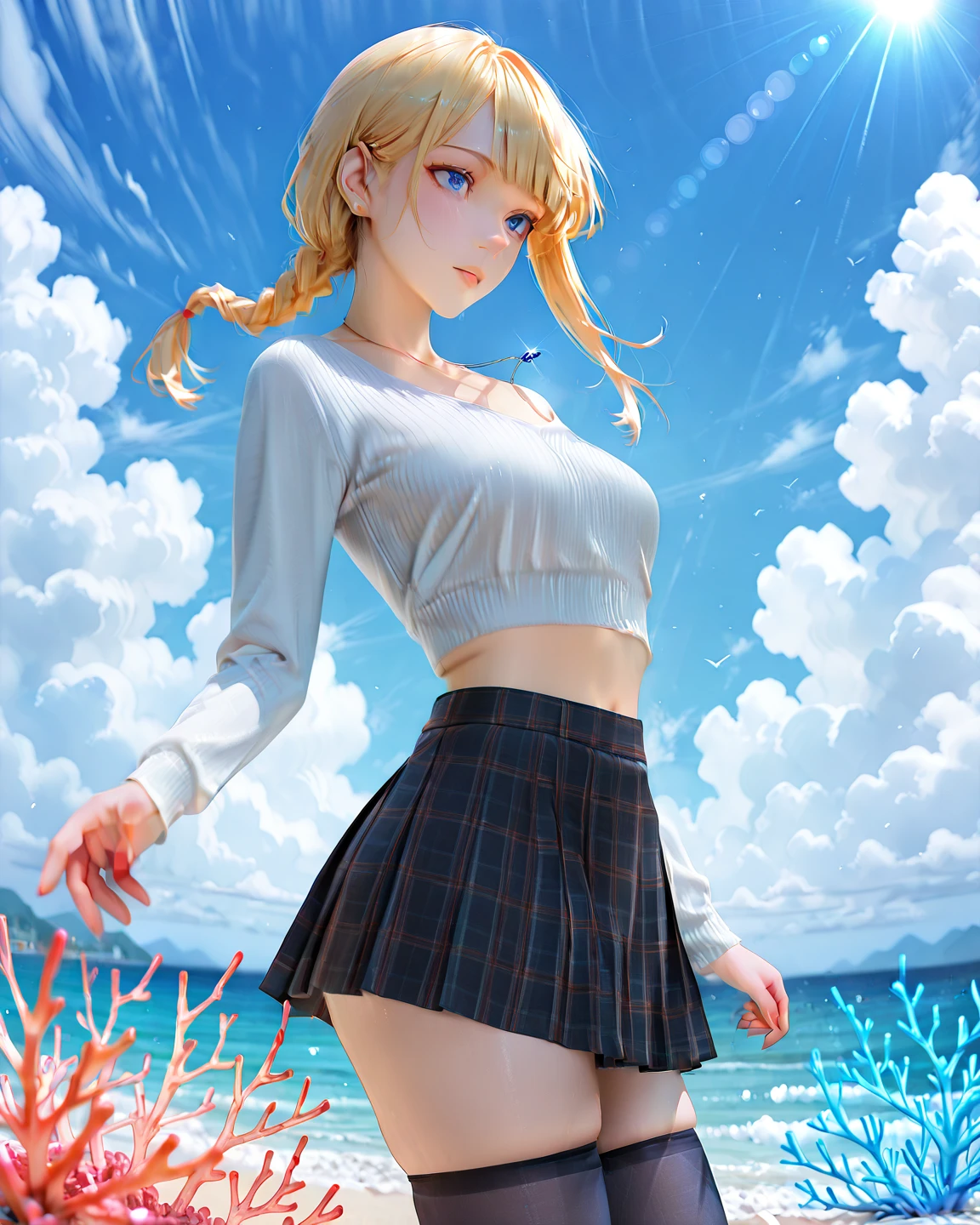 blonde gal、Separate hair、straight、beautiful woman、Turtleneck Sleeveless Knit、Slit skirt、skirt lift、blush、big breasts、thin thighs、thin waist、Lifting the skirt with your hands、Pink floral panties、amusement park