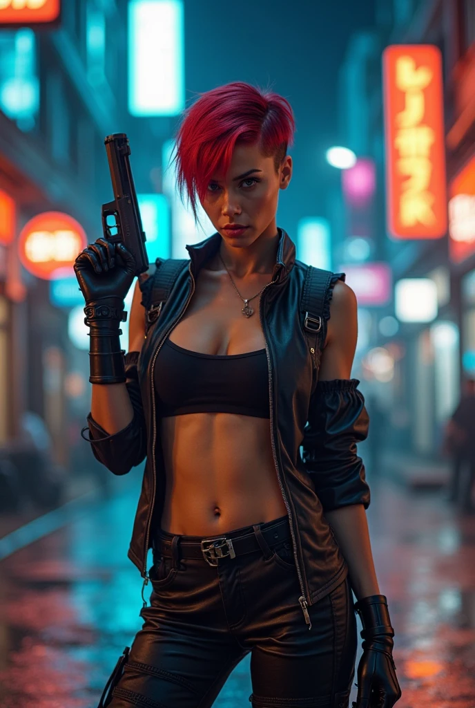 Ultra-detailed shot of an attractive and provocative evil fallen woman in black and red nude tattooed sexy with cyberwings, sosteniendo un arma, ((cuerpo completo:1.2)) Parece loca, Pelo largo y pelirrojo en movimiento, Action shooting pose, Has cybernetic prostheses, Una cicatriz profunda, Pose atractiva y provocativa, (((peinado bob medio afeitado))) Ultra-futuristic city with neon lights, colores muy brillantes, fotografiado por MSchiffer, Renderizado 3D realista, (high saturation:1.3) colores contrastantes, noche lluviosa