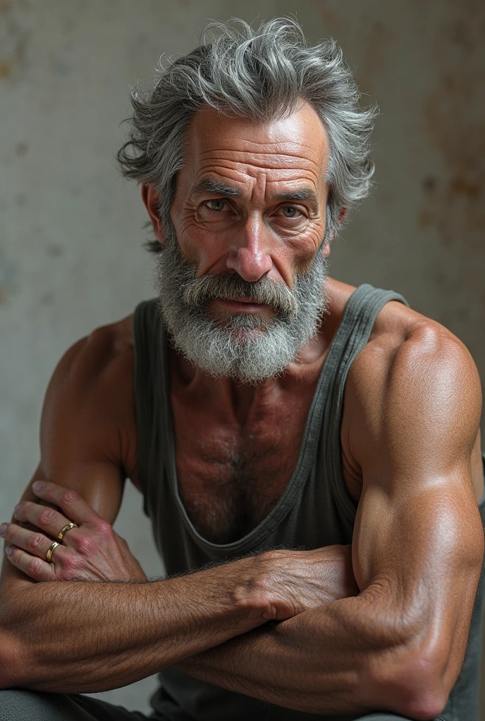 Sam Elliot, An elder with a beard and white hair, with a serene face wrinkles, looking producing, body older weak, skinny bones hairy, body naked with tie and socks and suspenders on bed