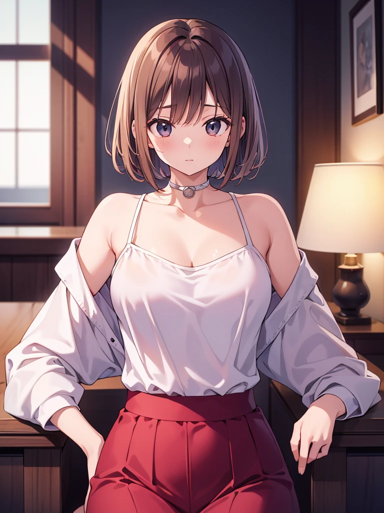 32k, best quality, ultra high res, HDR, UHD, extremely detailed CG, unity 32k wallpaper, (masterpiece:1.3), (highest quality:1.3),indoor,Bookshelf,window,alone,One girl, I have traveled_stout, Upper Body, Are standing,Brown hair, Brown eyes, alone, hairclip, Earrings, jewelry, short_hair, white_hat, Have, hair_ornament, Brown_gloves, necklace, short_shorts, x hair ornament, red shorts, Braiding,