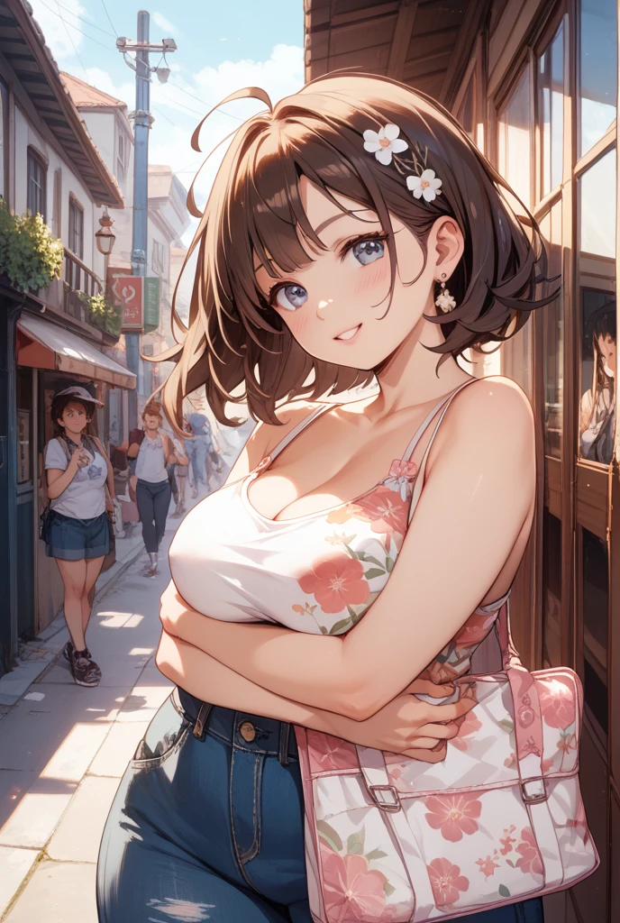 highest quality、High resolution、High resolution、8K、(Disneyland)、amusement park、outdoor、A beautiful age girl with、(three women),perfect skin,(huge breasts:1.2)、sexual expression、dancing、emphasize the chest、Flashy underwear、Fancy hairstyle、派手な髪color、smile、sexual expression、emphasize cleavage、color々Facial Patterns、color々hairstyle pattern