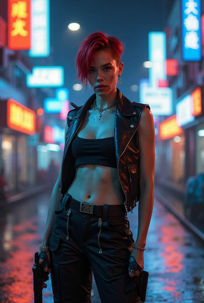 (masterpiece, photorealistic:1.4, extremely intricate:1.3), (photon mapping, radiosity, physically based rendering, ultra resolution, hyper-realistic, 8K), (((((mature female, [bodybuilder:supermodel:0.8], [large breasts:medium breasts:0.3], chrome rivets, ((white snakeskin leather vest, upper torso, humid, playful), topless)), smirking, tattoo:1.4, 30 years old, elegant:1.2)), hands in white leather pants pockets, long eyelashes, ((makeup:1.2, red lips)), [skin detail:freckles:0.7]), (((((background futuristic neon cyberpunk city street cyberpunk))))) professional photograph, (((short pixie hair [blonde hair:bright orange hair:0.8])))), BREAK ((sharp focus, dramatic, award winning, cinematic), bokeh, blurry background, interaction, metal reflections), bright eyes