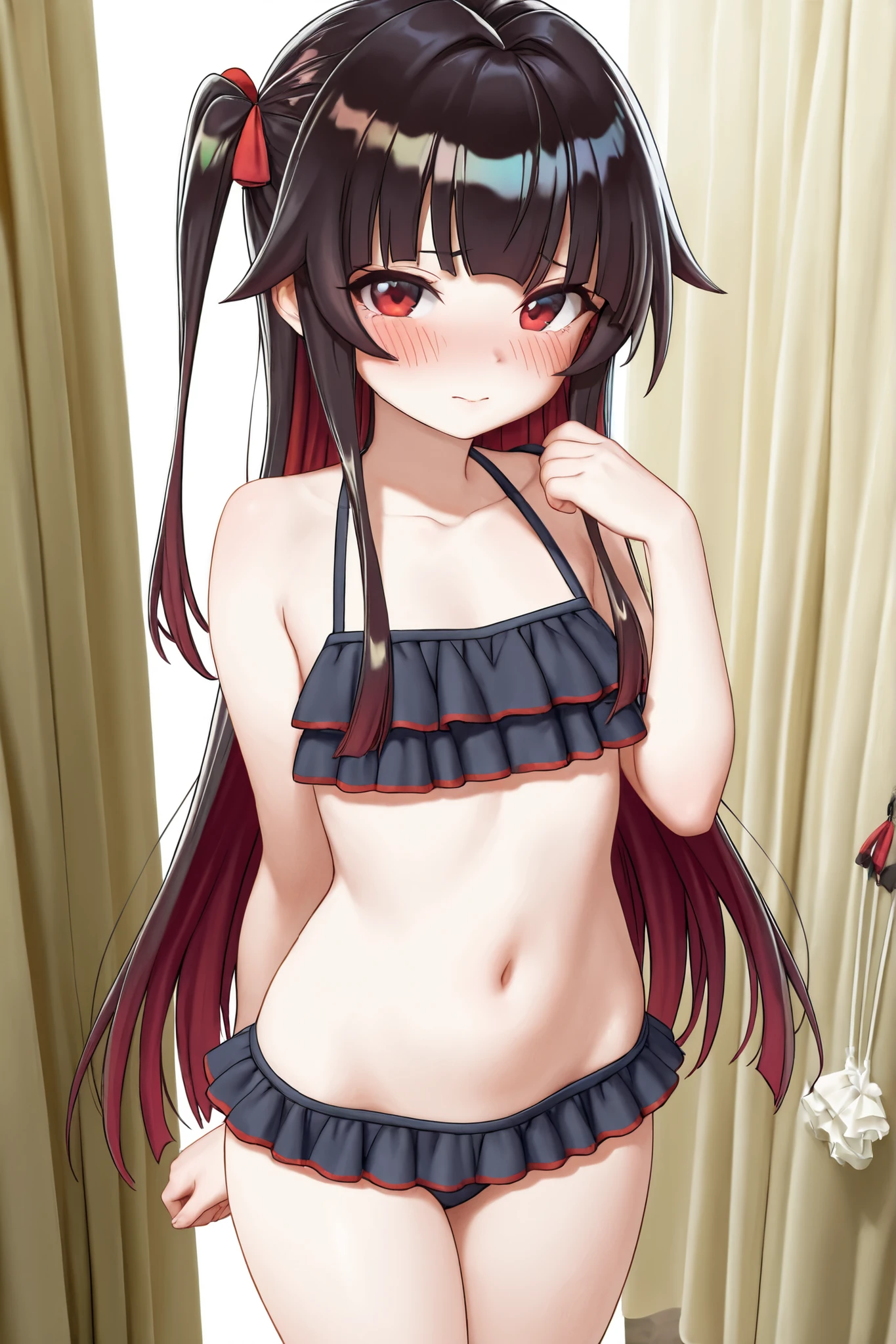 (( masterpiece, highest quality))), (NSFW)、(10 years old、Small and cute、low length、black hair、medium hair、twin tails、、small breasts:1.8、Red and white checked bra、belly button、panties)、anger、angry look、((close)), ((flushed)),、perfect composition、close、on the bed