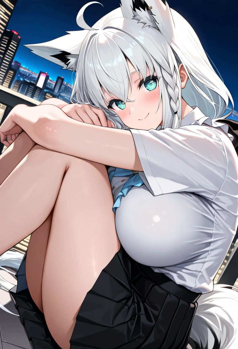 (masterpiece, Highest quality),Night Park, 1 sitting white haired girl, Blush cheeks and embarrassed face, Spread your legs wide with both hands and place your hands on your knees, I can see your panties, Short skirt, The cleavage is exposed, Blurred foreground