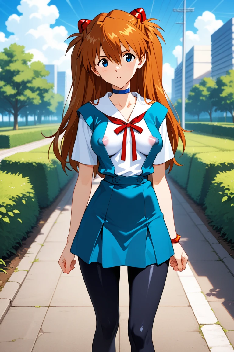 <lora:Subaru_Konoe:0.8>, Subaru_Konoe, 1girl, solo, looking at viewer, blush, large breasts, thighhighs, ribbon, school uniform, hair ribbon, black thighhighs, bag, zettai ryouiki, school bag