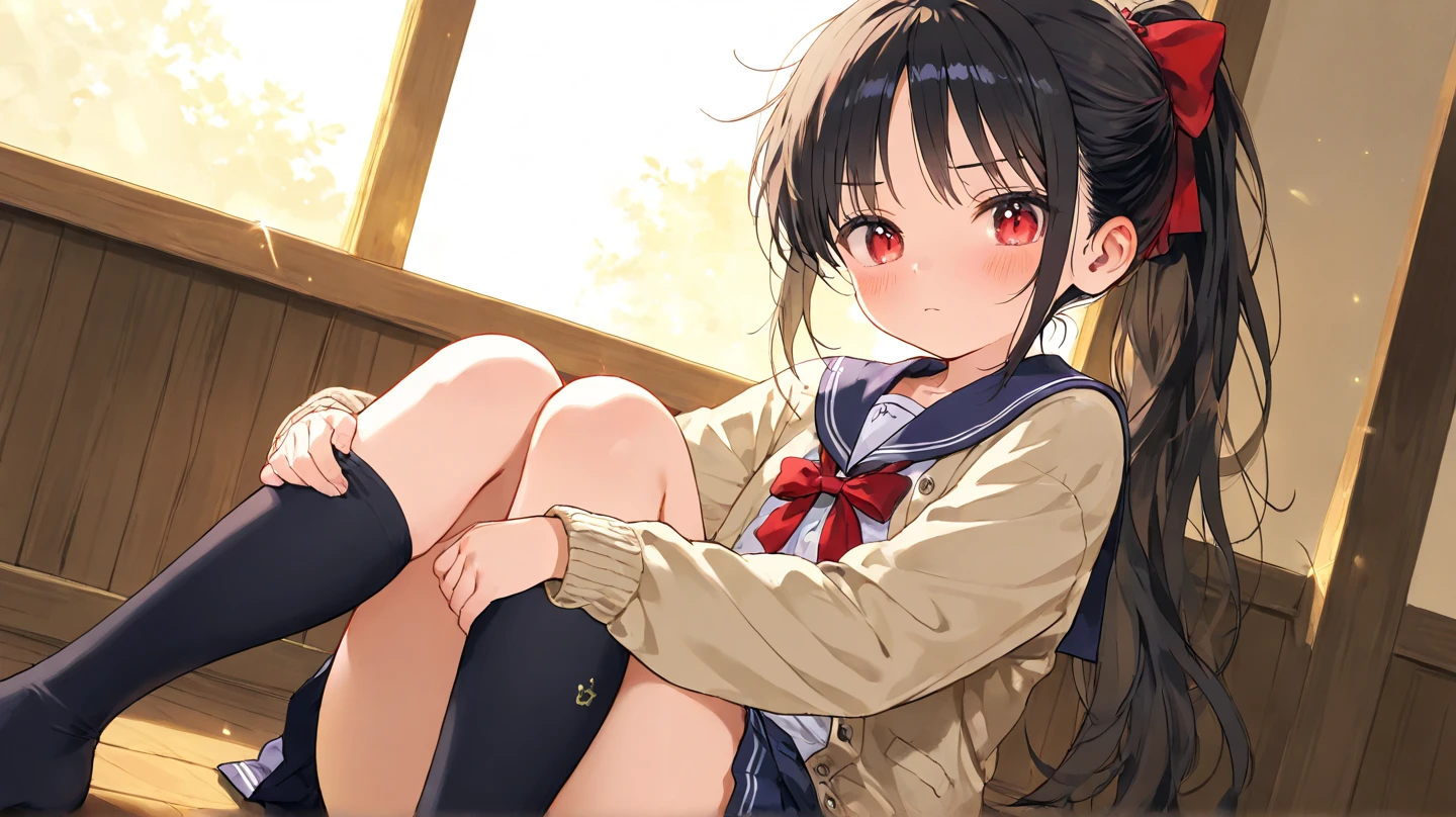highest quality,masterpiece,8k,1girl,medium breasts, blush, sweat, mini skirt, lift skirt, upskirt, white panties, hair ribbon, twin tails, green shirt, seifuku, white neckerchief, long sleeves, pleated skirt, black skirt, thigh highs sox, loafers, camel toe, open legs, heart shaped pupils, 