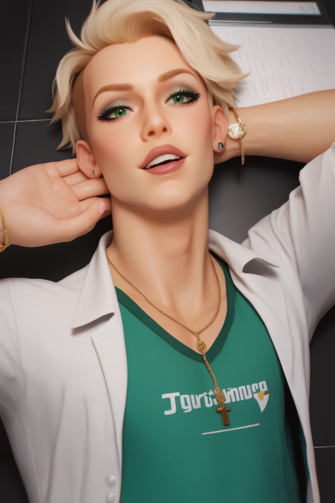 1 girl, blonde hair, short hair, updo hair, Brazil national team shirt, round eyewear, glasses, library, green eyes, solo, leaning towards viewer, black eyeliner
