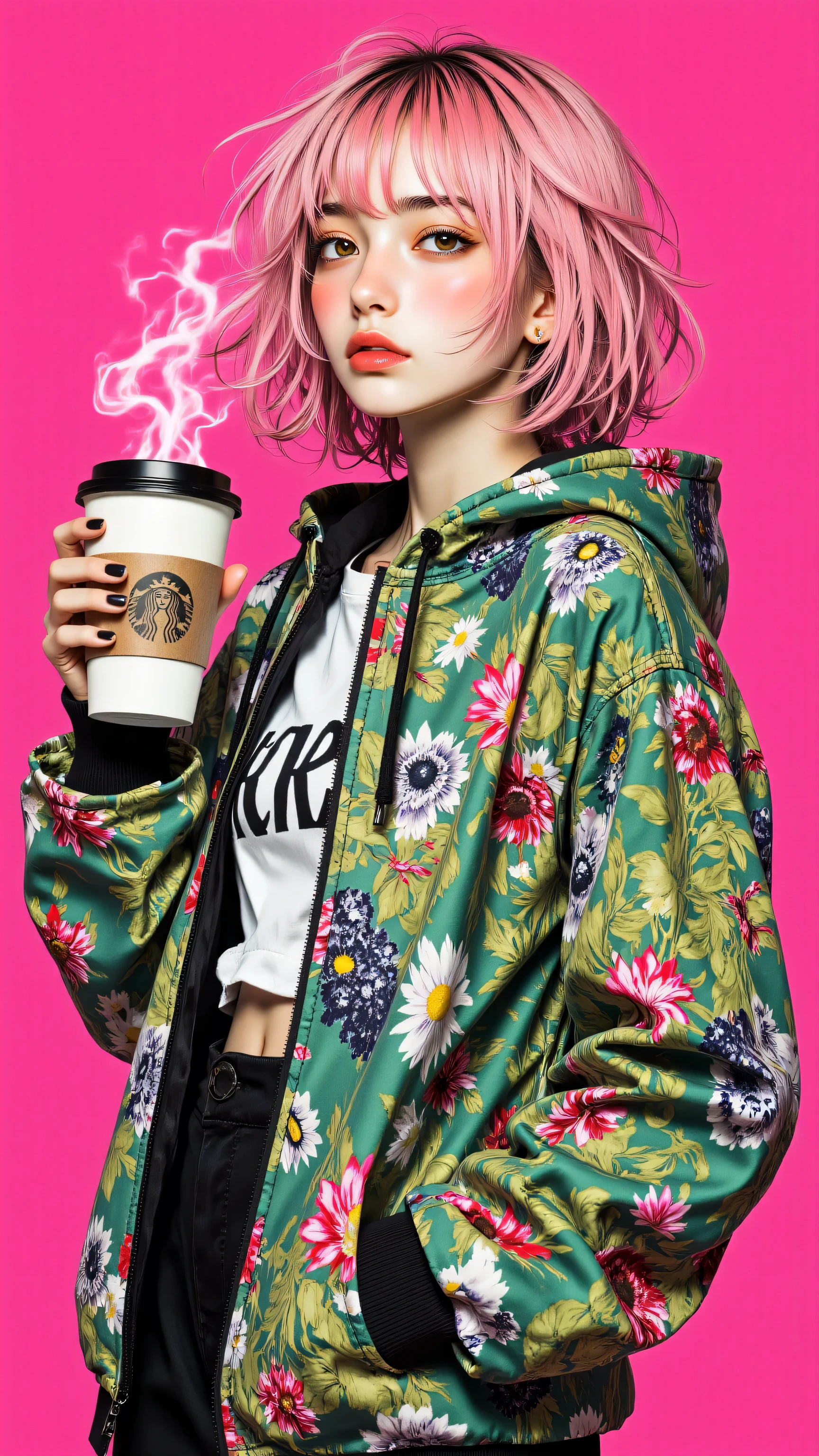 The background is treated with a bright pink solid color to accentuate the modern and sophisticated atmosphere {x} Draw a girl with short pink hair and a green hooded jacket with a unique pattern. She is holding a coffee cup and, upper body. highlights the girl's chic expression and stylish costume, and, shows the urban sense and personality of the girl with a close-up shot of the.