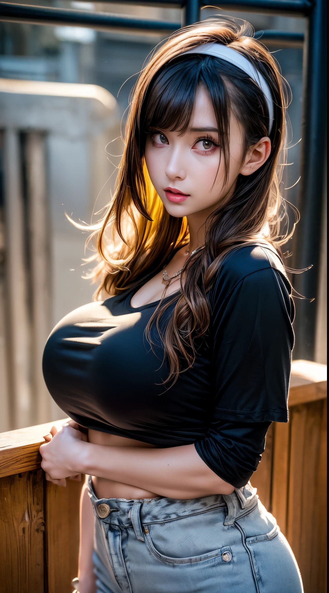 (( Beautiful Face:1.4)), (Purelos Face_v1: 1.0), 1 girl、Lola_Emma,1 girl, short blonde, very skinny, tall, punk, Small Breasted, Standing Leaning Against Wooden Table, (Leather Micro Hot Pants), belts, (((Oversized V-neck Cotton Tee))), ((Cotton knee-high socks)), plastic headband, (3/4 sleeve made of cotton material ), Shy, Tired expression, heavy makeup, intense eyeliner , very dark eyeshadow, Black lipstick, Slight Lumbar Exposure, ((Dark clothing)), (Top quality,4K,8k,high resolution,masterpiece:1.2),Super Detailed,(Realistic,photoRealistic,photo-Realistic:1.37),Gloomy weather ,hyperRealistic,vibrant colors,Exquisite facial expression ,beautiful fine eyes,beautifully detailed lips,Highly Detailed Eyes and Faces,long eyelashes,cinematic lighting,Natural Setting,Supreme Work, Empty Playground Background,((Natural huge breasts:1.6)),((Upper Body))