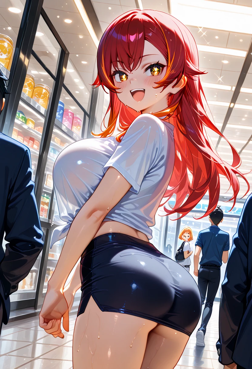 (masterpiece image, very detailed image, best high quality high definition image, carefully detailed textures and pixels, carefully detailed character and background, alone solo character)
{{1character: 17 years old red-haired elf girl: (fair skin, green eyes, hair tied in two high-short-pigtails with ribbons, absolute beauty, happy fave, big breasts, nice figure, huge butt, walking cheerful with good style), (dark-blue shirt, light-blue skirt, navy-blue pantyhoses), (monday at the danish shopping)}}