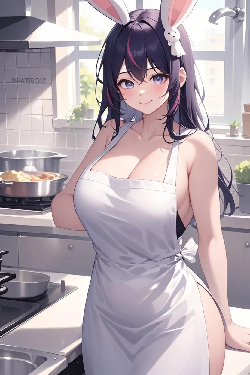 1girl, solo, hair ornament, (naked:1.3), (white apron), large breasts, cleavage, thighs, kitchen background, (blushing:1.3), naga, brown hair, ponytail, golden eyes, dark skin, gal, naga, lewd, she is wet and in sourcream, cream over the face,