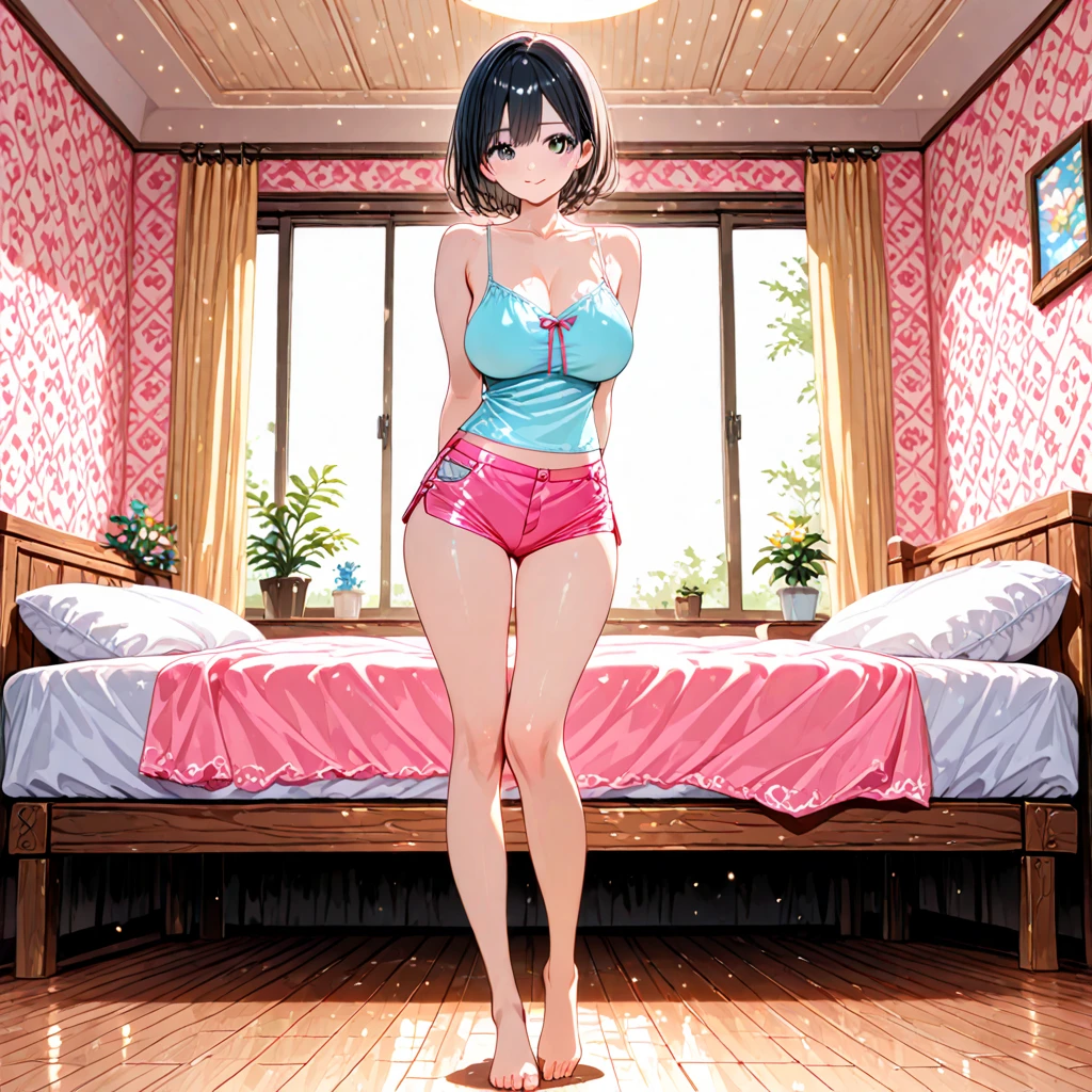 standing woman, pin-up, Hyuuga Hinata, , babydoll, through babydoll, pink lace strapless bra flowery detail, pink lace garter belt, pink lace boyshorts detalle floreada , medium breasts, pink lace stockings, perfect legs, perfect feet, lace stockings, red high heels, Bedroom, sunrise, perfect proportions. masterpiece, Super High Resolution, perfect body, full body, face looking at viewer, front.