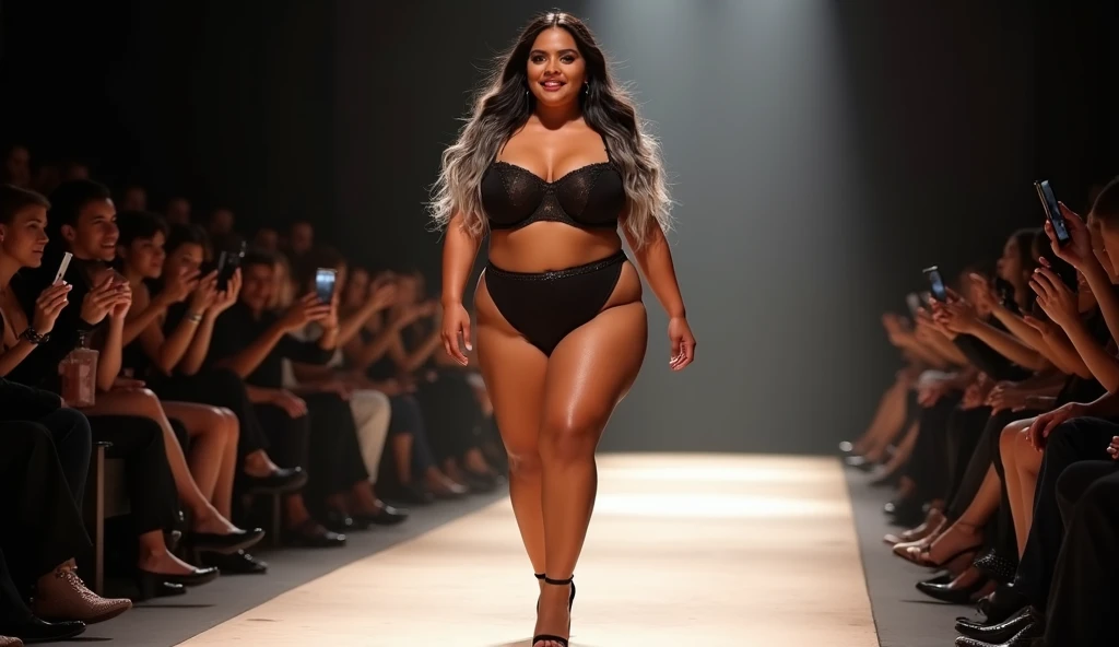 Supermodel walking on a catwalk, full body photo, wearing a bikini, thick woman, nice cleavage, untoned body, soft body