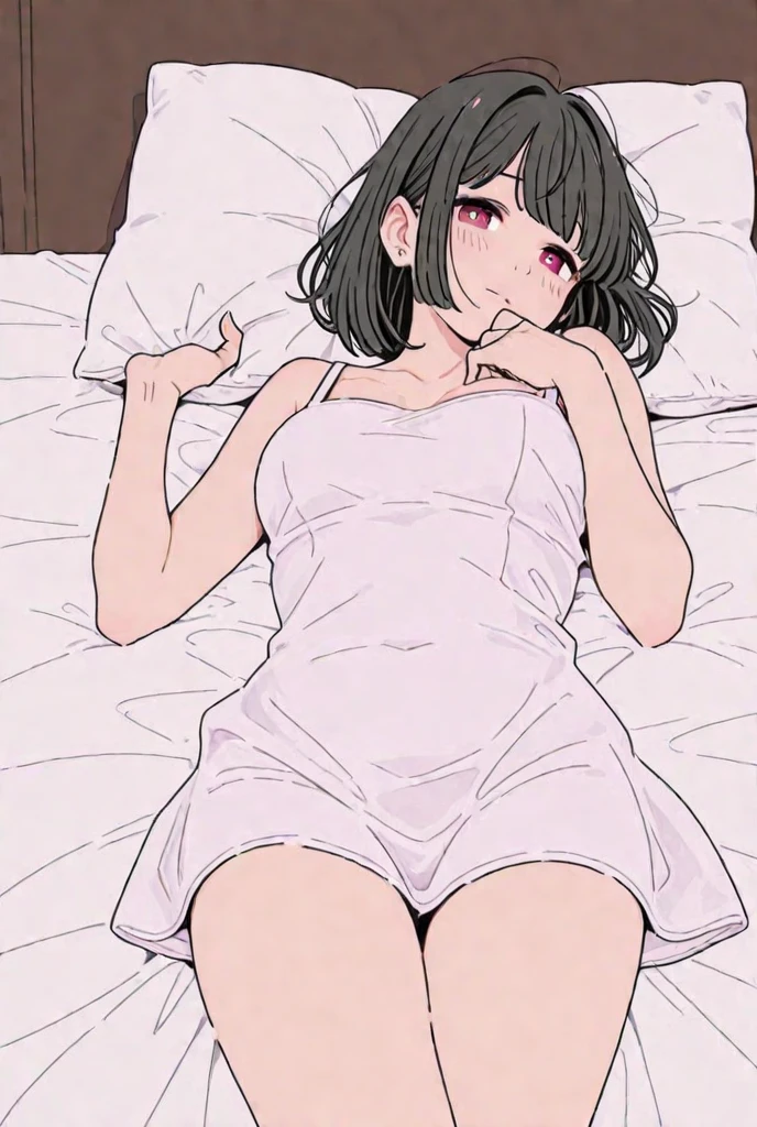 Girl with black hair on a bed looking at the camera showing her vagina, peitos (mamilos)