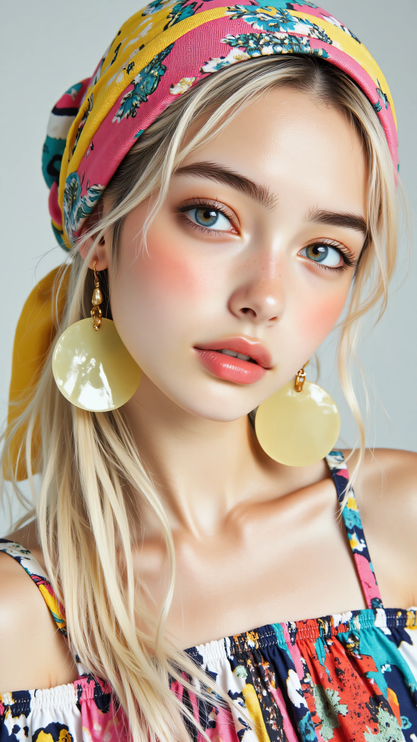 8k, Masterpiece, Top Quality, close-up shot, woman, long platinum blonde hair, some hair tied with yellow fabric, light grey eyes, defined eyeliner, natural pink lips, wearing colorful patterned headscarf in pink, yellow, teal, floral designs, large translucent pale yellow disc earrings with gold chain, colorful patterned off-shoulder top, plain light grey background, soft bright studio lighting.