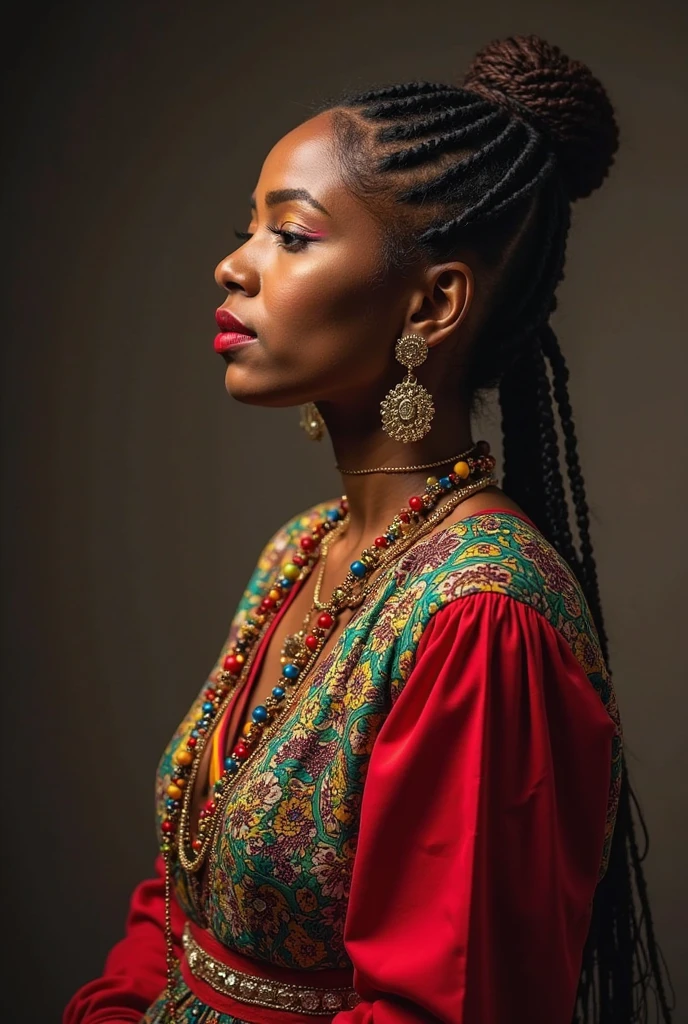 I would like a americam black woman with short black braided hair that has white tips, facial markings, earrings, and a beautiful appearance. She wears a white kimono with pink flowers on it, and the interior of the kimono is black. She wears wooden sandals. I would like her to have a mature style, and the art should be in a fantasy RPG style set in the Old West.