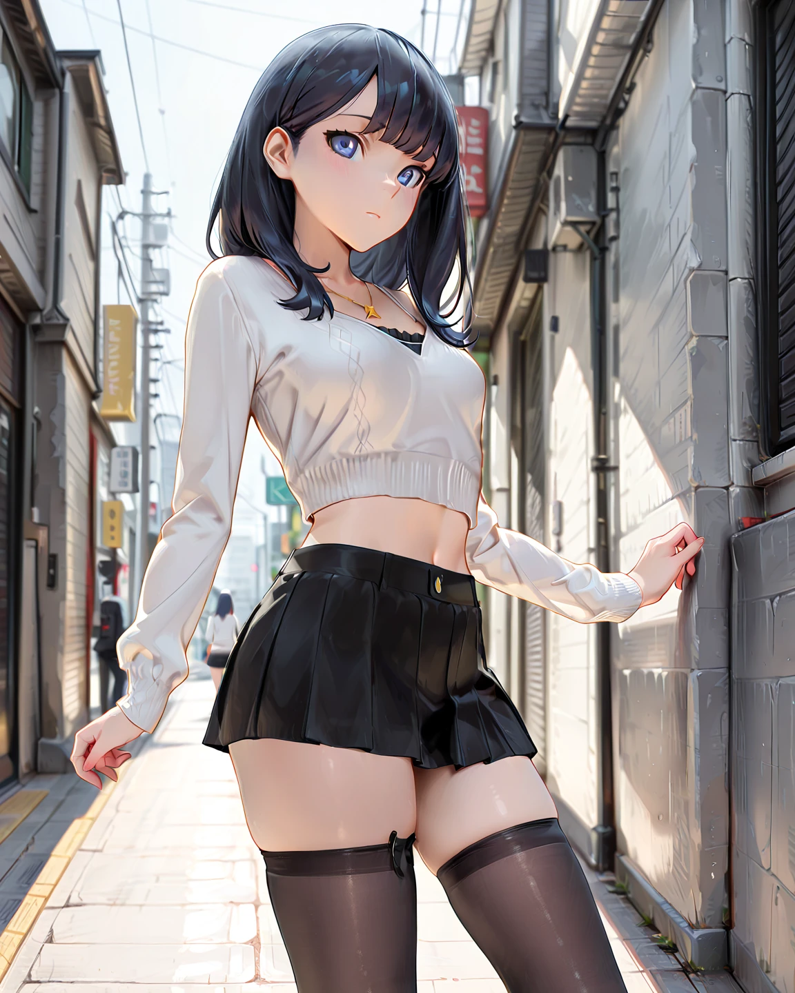 photo,Beautiful illustration、masterpiece, top-quality ((schoolyard)), from below, 1 girl,A Cute little girl、mini girl, 4th grade elementary school student、make up, standing, seductive smile, open mouth, black hair, twin tails ,blue eyes、(black hotpants), (Tshirts), lovely thighs、glowing thigh, shinyskin, sexy,