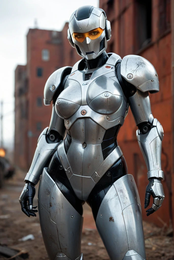 (masterpiece:1.2,high quality), 1girl, ((ultra realistic details)), global illumination, shadows, Unreal Engine, octane render, 8k, ultra sharp, metal, intricate, ornaments detailed, highly intricate details, yellow eyes, (mechanical body:1.2), white hair, (black gas mask), Gear, bob cut, hundreds of wires, Terran, (Robot, android:1.15), Apocalypse, broken buildings