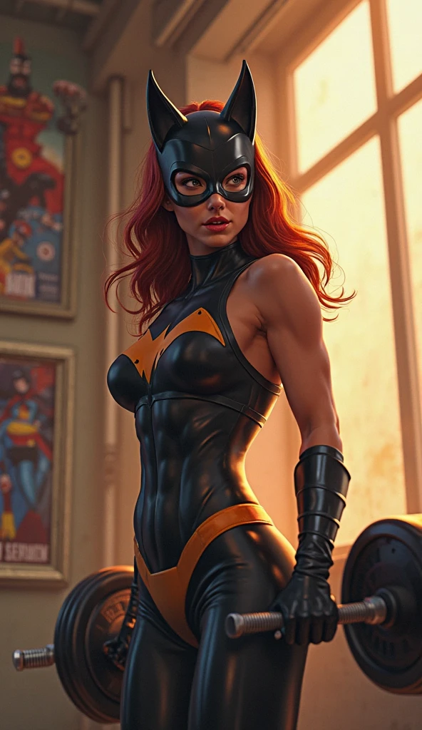 masterpiece, best quality, 1girl,batgirl, ((soaking wet)), from below, realistic, nude, stockings, breasts, green eyes looking up, orange hair, lips, solo, ((heavy pouring rain)), black night sky, moon, city <lora:Batgirl:1> (masterpiece, best quality, highres), no pants, no panties, crotchless, (((vagina visible)))
