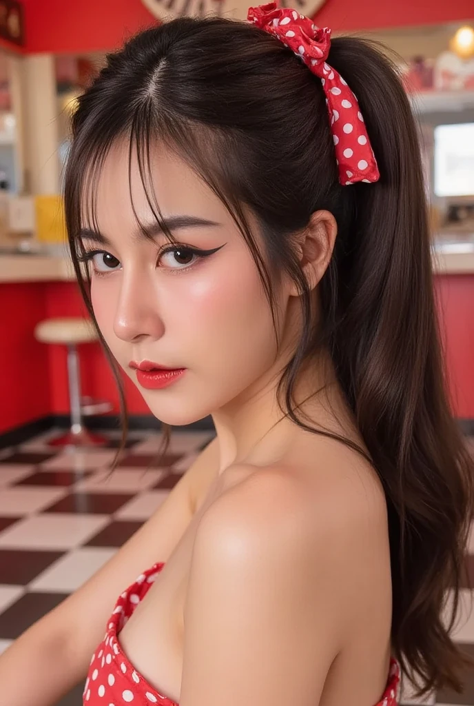 A cute woman (age 25, matching hair, disney character themed sexy outfit) is doing a disney themed fashion show, glamorous poses in the spotlight on the run way, show her full body