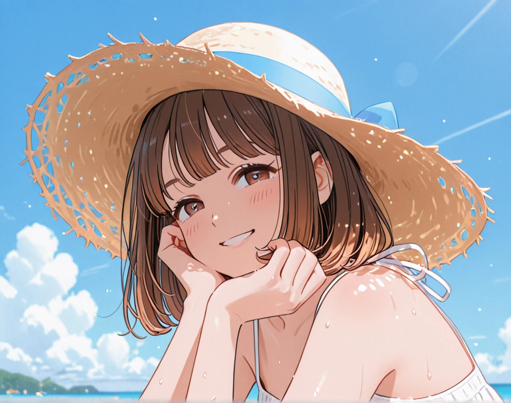 (masterpiece:1.5),(Beat quality),(high res),1girl solo,beautiful face,smile,upper body,swimwear women,Tropical Sea