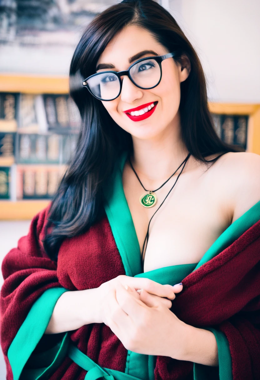 Professional, High level of detail, close up photo (attractive mature 45yo woman:1.3), long black hair with hair ribbon, tied up, gray eyes, (red kimono flower motif, off shoulder, silk skirt, no bra)1.455,ray tracing, natural lighting, (seductive:1.1), (blushing:1.1 ), (classy, elegant, dandy)1.2, (round big breasts)1.2 (pokies)1.3, (toned body, hourglass body shape) (wipe hips), (full body with visible face and eyes)1.5, glasses, earnings, outdoor spa at night, sit down, necklace, tattoo on breast, armor in hand, holding book