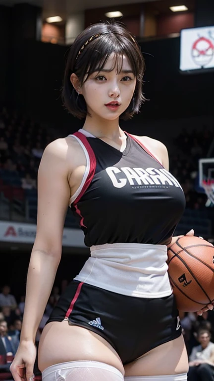 muster piece, best quality, illustration, Super detailed, fine details, High resolution, 8K,wall paper, perfect dynamic composition,(Details High quality, realistic depiction of eyes:1.3), (highest quality), (High resolution), (very delicate and beautiful),(Beautiful 8K face), (NBA),(basketball sportswear),(play basketball),(reality), huge breasts, ((gymnasium)), very short hair, black hair color, Big Natural Color Lip, bold sexy pose, perfect body shape, crying a little、 Harajuku style、20 year old girl、cute type、lolita, hposing Gravure Idol, full body photo、focus on crotch、thighs exposed
