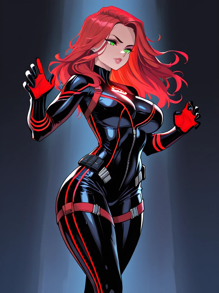 In this awe-inspiring image, a remarkable female superheroine captures our attention with her breathtaking presence. With bright blue eyes radiating determination and a mischievous smirk gracing her lips, she embodies a perfect balance of strength and wit. Her fiery red hair, flawlessly styled into a ponytail, commands attention with its vibrant hue, resembling the captivating allure of Scarlet Johansson's Black Widow. Adorned in a sleek dark gray leotard that accentuates her athletic physique, every curve and contour is showcased, highlighting her graceful yet powerful form. Completing her ensemble, black nylon tights adorn her legs, symbolizing her agility and hinting at the shadows she fearlessly navigates. Around her waist, a utility belt brims with an assortment of ingenious gadgets, a testament to her preparedness and resourcefulness. With an undeniable aura of mystery and allure, she stands as an embodiment of a true superhero, ready to conquer any challenge that crosses her path.