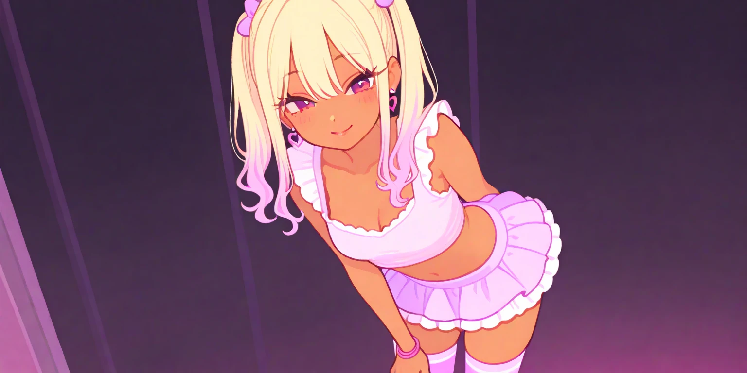 pink tights, pink eyes, blonde short hair, hair drills, frilly, yellow blouse, view from below side, dark skin, kneeling down, hands on the floor, small bust, slim hips