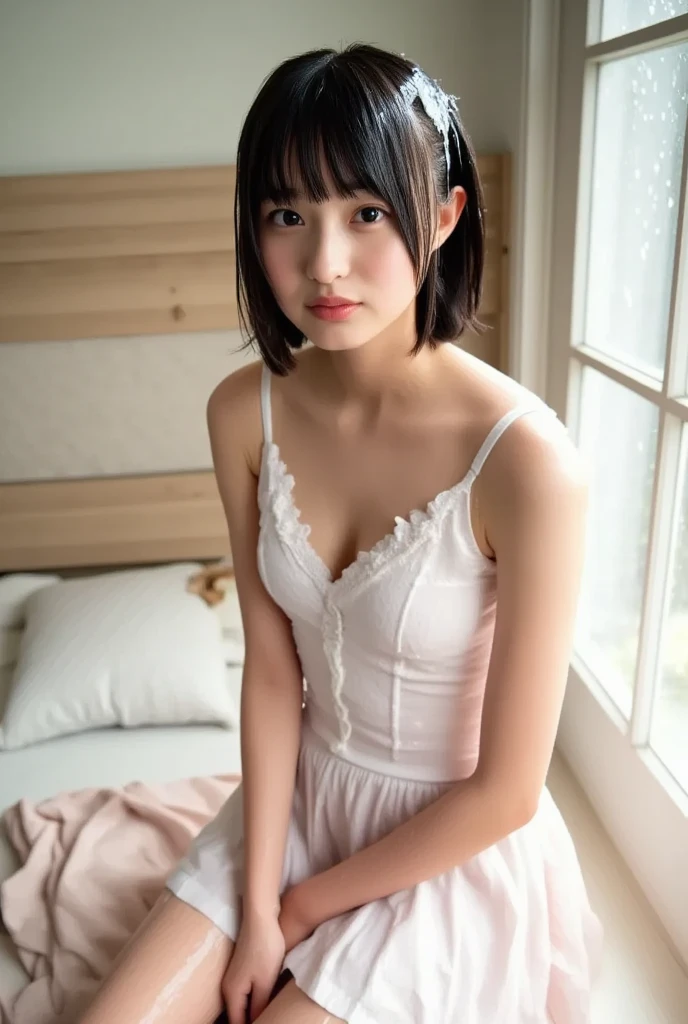Beautiful woman looking at camera, detailed photo, petite person, (slim, small, flat), sexy pose, wet body, drenched, 10 year old girl, sexual expression, wet body, short hair, kneeling, from above, slender, delicate and sexy collarbone, on all fours, upper angle: 1.5, palms on the floor, Very sexy and small Akihabara maid clothes in area, seductive look, very blushing, mouth slightly open,